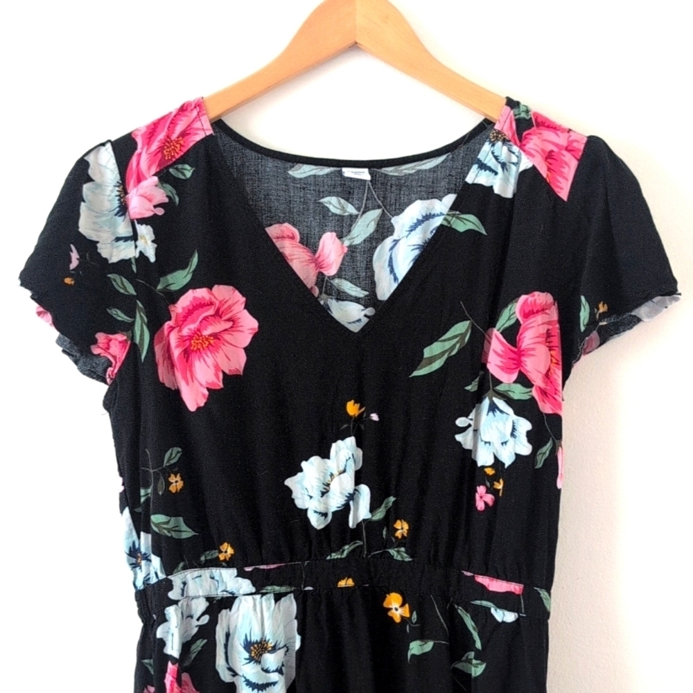 Old Navy Black Dress Pink & Blue Floral Flutter Short Sleeve Pull On Sz M - Picture 2 of 7